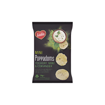 Laila Mini Poppadoms Yogurt Mint & Coriander 75g – Crispy Indian Snack